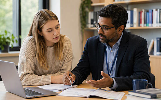 an academic having a conversation with a student about thier work