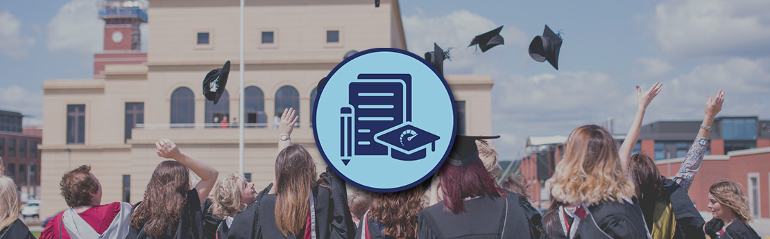 The curriculum reform logo appears in front of students throwing their hats in the air at graduation on bay campus