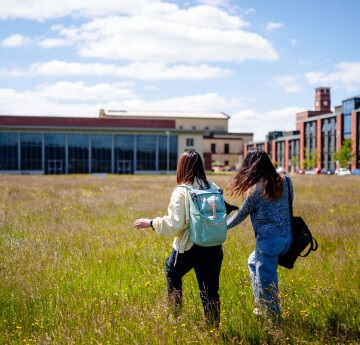 students walking in a field on Bay Campus 
