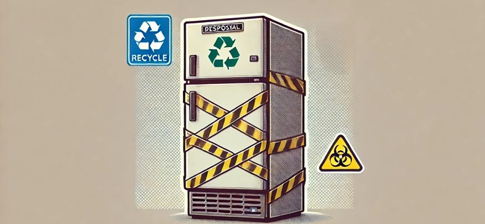 Rhewgell gyda thâp melyn a du drosto i gyd a symbolau ailgylchu ynghlwm.

