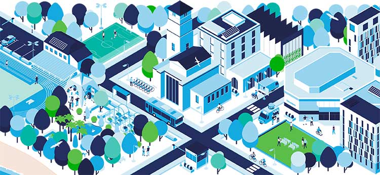 An illustration in blue and white of Swanea university's campuses