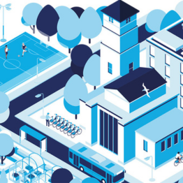 A blue and white graphic depicting buildings on campus