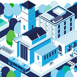 A blue and white graphic depicting buildings on campus