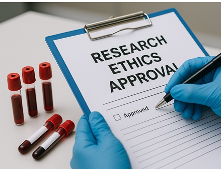 Image of human blood samples on a bench and a scientist holding a form with the words ethical approval written on it. 
