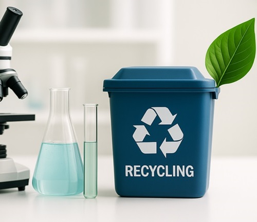 Image of a Lab bench with two chemicals and a recycling Bin with a green leaf 