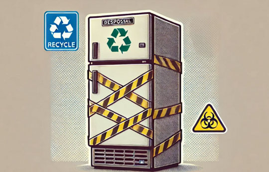 A fridge freezer wrapped in black and yellow warning tape