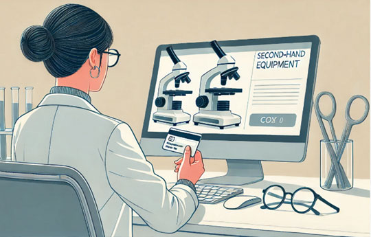 A woman in front of a computer with a credit card in hand looking to buy a second-hand microscope