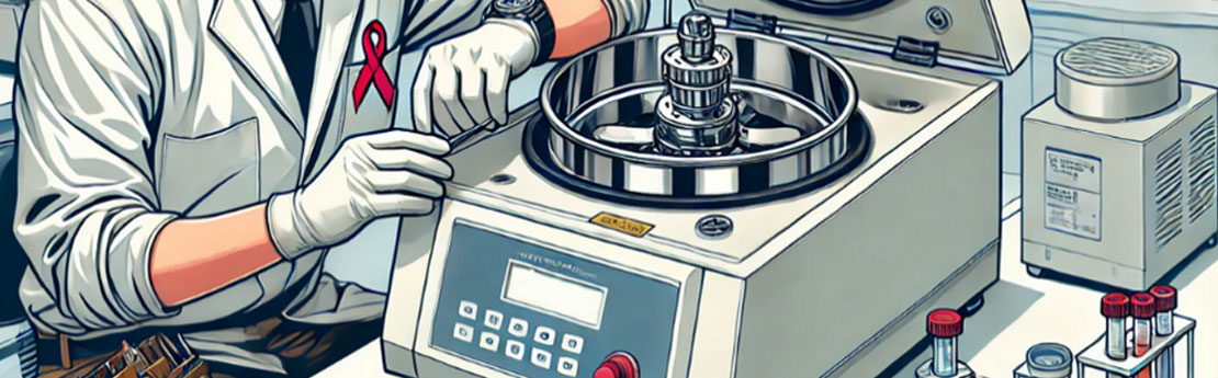 A man in a white lab coat maintaining lab equipment