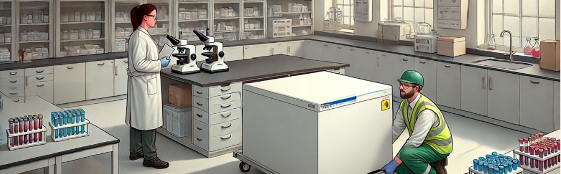 A woman in a white lab coat in a lab looking through a microscope whilst a man in a green hard hat and hi-vis jacket moves a large white refrigerator