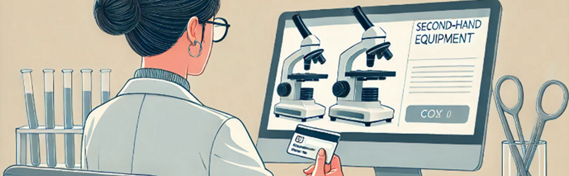 Women in a white lab coat with a credit card  in her hand looking at a screen with to microscopes on it
