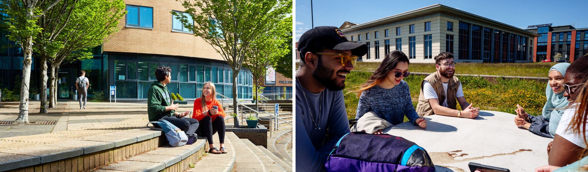 Two images showing students outside Hwb locations on Bay and Singleton campuses