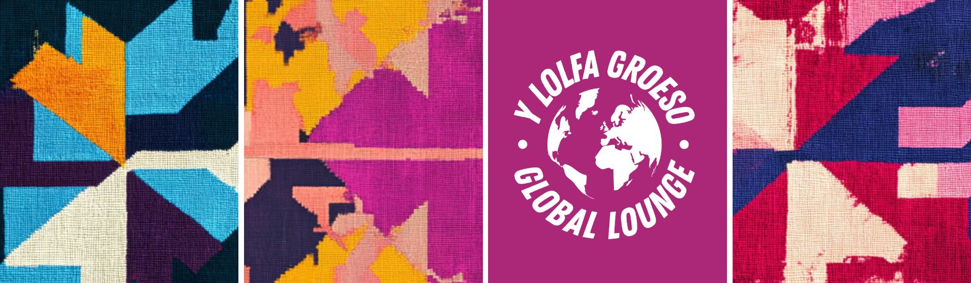 A tapestry of colours, shapes and textures with a logo in the middle saying Global Lounge