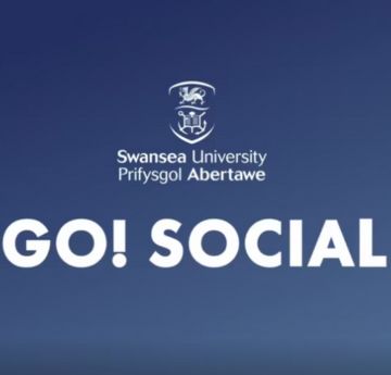 Blue background with Swansea University logo and GO! Social wording