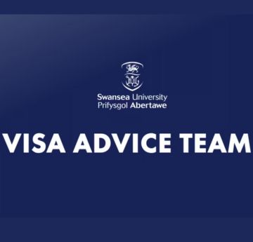 blue background with Swansea University logo and visa advice team wording