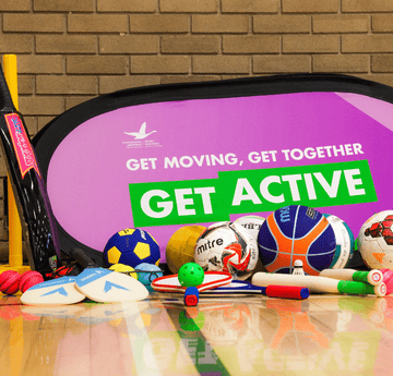Get Active branding with lots of sports equipment