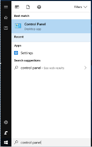 A windows search for Control Panel.