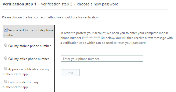 A screenshot showing Step 1 of the verification process for resetting your password, containing the following text: