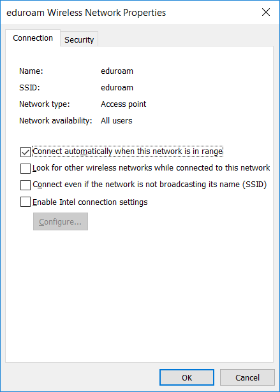 The eduroam Wireless Network Properties window.